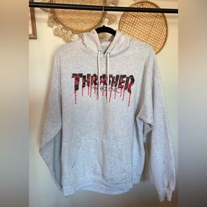 Unique Thrasher Light Gray Hoodie with Red Accents